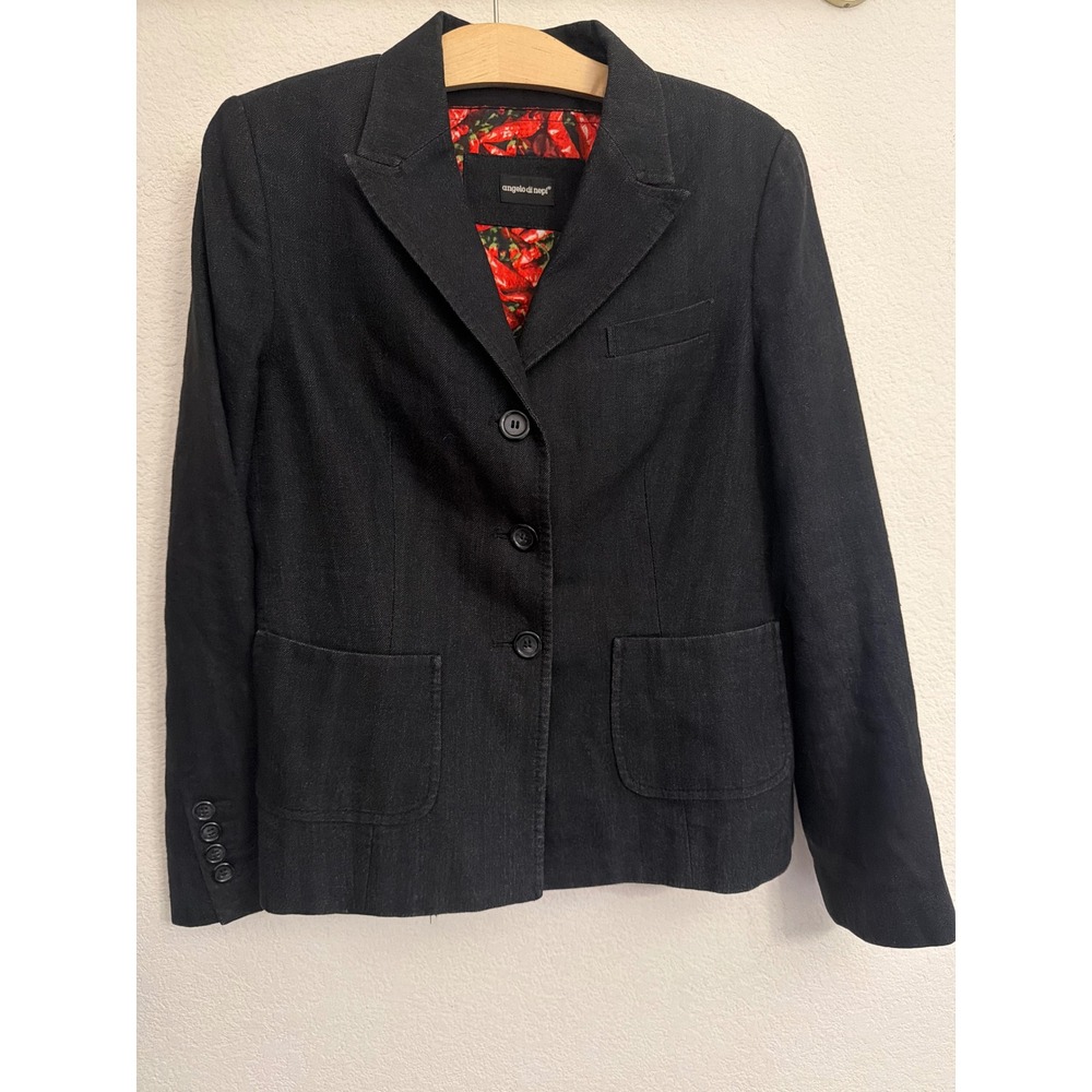 Angelo di Nepi Italy Blue Linen‎ Wool Herringbone Blazer Chili Pepper Lining 44